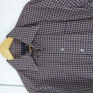 Scott Barber|Mens Navy Blue & Tan Checked Button Down Dress Shirt Preppy  Sz.XL